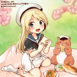 Rule 34 | 1girl, :d, admiral (kancolle), animal, blonde hair, blue eyes, blue sailor collar, bread, colored pencil (medium), dated, dress, food, hamster, hat, holding, holding food, jervis (kancolle), kantai collection, kirisawa juuzou, long hair, non-human admiral (kancolle), numbered, open mouth, sailor collar, sailor dress, short sleeves, smile, traditional media, twitter username, white hat
