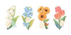 Rule 34 | blue flower, bow, creature, flower, flower focus, forget-me-not (flower), highres, leaf, lily of the valley, no humans, orange bow, original, plant focus, red flower, simple background, sunflower, tulip, veetelier, white background, white flower, yellow flower