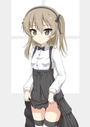 Rule 34 | 1girl, black bow, black bowtie, black hairband, black skirt, blush, bow, bowtie, breasts, brown eyes, brown hair, closed mouth, clothes lift, collared shirt, commentary request, dress shirt, flipper, girls und panzer, hair between eyes, hair bow, hairband, high-waist skirt, lifting own clothes, long hair, looking at viewer, one side up, panties, shimada arisu, shirt, skirt, skirt lift, small breasts, solo, striped clothes, striped thighhighs, suspender skirt, suspenders, thighhighs, underwear, white panties, white shirt, window
