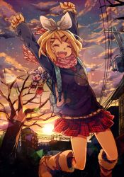 Rule 34 | 1girl, arms up, as567, backpack, bad id, bad pixiv id, bag, blazer, blonde hair, blush, boots, rabbit, cloud, evening, closed eyes, fang, gloves, hair ornament, hair ribbon, hairclip, jacket, jumping, kagamine rin, open mouth, ribbon, scarf, school uniform, short hair, skirt, sky, smile, solo, stuffed animal, stuffed rabbit, stuffed toy, sunset, twilight, vocaloid