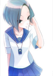 Rule 34 | 1girl, arms up, bad id, bad pixiv id, blue eyes, blue hair, blush, bob cut, digital media player, earphones, jewelry, kobayakawa rinko, looking at viewer, love plus, matching hair/eyes, necklace, pendant, pleated skirt, pyon-kichi, school uniform, short hair, simple background, skirt, solo, source request, white background