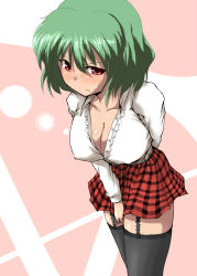 Rule 34 | &gt;:(, 1girl, adapted costume, black thighhighs, blush, body blush, breasts, cleavage, collarbone, covered erect nipples, covering privates, covering crotch, dutch angle, embarrassed, female focus, frown, garter straps, green hair, haji (hajiko), hajiko, kazami yuuka, large breasts, leaning forward, miniskirt, open clothes, pink background, plaid, plaid skirt, pleated skirt, red eyes, shiny skin, short hair, skirt, skirt tug, solo, standing, sweatdrop, thighhighs, touhou, v-shaped eyebrows, zettai ryouiki