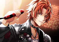 Rule 34 | 1boy, badge, black collar, black jacket, blurry, blurry background, button badge, chain necklace, collar, collared jacket, curtained hair, hanada, highres, holding, holding microphone, ittoki otoya, jacket, jewelry, looking at viewer, male focus, microphone, necklace, official alternate costume, official alternate hairstyle, red eyes, red hair, shirt, short hair, smile, solo, spiked collar, spikes, stage, sweat, upper body, uta no prince-sama, white shirt