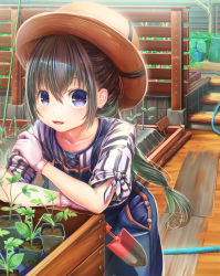 Rule 34 | 1girl, aiuabo, blue eyes, crossed arms, day, dirt, garden, gloves, green hair, hair between eyes, hat, highres, hose, leaf, leaning forward, long hair, looking at viewer, original, overalls, pink gloves, plant, potted plant, shirt, short sleeves, solo, spade, standing, striped clothes, striped shirt, sunlight, sweat, tomato, translated