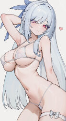 Rule 34 | 1girl, absurdres, ai-assisted, arm behind back, arm behind head, bikini, blue bow, blue hair, blush, bow, breasts, cleavage, cowboy shot, grey background, groin, hair bow, heart, highres, honkai: star rail, honkai (series), jingliu (honkai: star rail), juejue, large breasts, long hair, looking at viewer, navel, red eyes, simple background, swimsuit, very long hair, white bikini