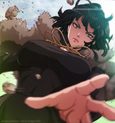 Rule 34 | 1girl, action, artist name, black dress, black hair, blue sky, blurry, breasts, closed mouth, coat, day, debris, depth of field, dress, female focus, foreshortening, from below, frown, fubuki (one-punch man), fur coat, green eyes, impossible clothes, impossible dress, jewelry, large breasts, lens flare, light trail, lips, long sleeves, looking at viewer, looking down, magion02, motion blur, necklace, one-punch man, outdoors, patreon, patreon username, rock, serious, short hair, signature, sky, solo, sunlight, taut clothes, taut dress, upper body, watermark, web address
