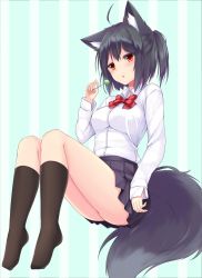 Rule 34 | 1girl, ahoge, animal ear fluff, animal ears, aqua hair, black hair, black skirt, black socks, blush, bow, bowtie, breasts, candy, chestnut mouth, collared shirt, commentary request, dress shirt, food, fox ears, fox girl, fox tail, highres, holding, holding candy, holding food, jitome, kneehighs, lollipop, long sleeves, looking at viewer, medium breasts, medium hair, no shoes, orange eyes, original, pleated skirt, red bow, red bowtie, school uniform, shirt, short ponytail, skirt, socks, sogaya, solo, striped, striped background, tail, white shirt, wing collar