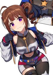 Rule 34 | 1girl, breasts, brown hair, drill hair, highres, idolmaster, idolmaster million live!, jacket, kamille (vcx68), large breasts, looking at viewer, open clothes, open jacket, purple eyes, side ponytail, smile, solo, yokoyama nao