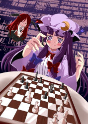 Rule 34 | 2girls, bat wings, be (o-hoho), bespectacled, blush, board game, book, bow, bowtie, chess, chibi, dress, closed eyes, female focus, flying, glasses, hair bow, hair ribbon, hat, head wings, highres, koakuma, long hair, multiple girls, patchouli knowledge, purple eyes, purple hair, red hair, ribbon, sweat, embodiment of scarlet devil, touhou, wings