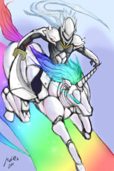 Rule 34 | 1boy, a4que, arc system works, armor, blazblue, blazblue: calamity trigger, crossover, full armor, glowing, glowing eyes, hakumen, highres, horns, long hair, multicolored hair, rainbow, riding, robot, robot unicorn attack, silver hair, single horn, source request, sword, unicorn, weapon