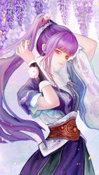Rule 34 | 1girl, absurdres, arms up, asymmetrical sleeves, dress, flower, highres, looking at viewer, multicolored clothes, multicolored dress, ponytail, purple hair, qinshi mingyue, shao siming (qin shi ming yue), shao siming zhuye, smile, solo, upper body, veil, wisteria