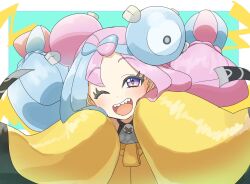 Rule 34 | 1girl, ;d, asamaru1225, blue hair, blush, bow-shaped hair, character hair ornament, commentary request, creatures (company), eyelashes, game freak, grey shirt, hair ornament, highres, iono (pokemon), jacket, long hair, looking at viewer, multicolored hair, nintendo, one eye closed, open mouth, pink hair, pokemon, pokemon sv, purple eyes, shirt, smile, solo, teeth, tongue, two-tone hair, upper body, upper teeth only, yellow jacket