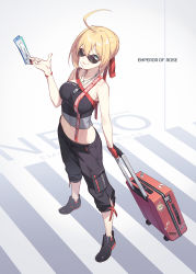 Rule 34 | 1girl, :p, ahoge, alternate costume, black footwear, black pants, blonde hair, fate/extra, fate (series), fingerless gloves, full body, gloves, green eyes, hair ribbon, highres, jewelry, looking at viewer, looking over eyewear, looking over glasses, midriff, navel, necklace, nero claudius (fate), nero claudius (fate) (all), nero claudius (fate/extra), nian (zhanian), pants, red gloves, red ribbon, ribbon, shoes, short hair, single glove, solo, standing, sunglasses, tinted eyewear, tongue, tongue out