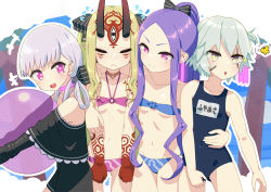 Rule 34 | 4girls, 8key, ball, bare shoulders, beachball, bikini, black dress, black one-piece swimsuit, black ribbon, blonde hair, blue bikini, blush, bow, breasts, bug, butterfly, choker, closed eyes, closed mouth, collarbone, doll joints, dress, facial mark, facial scar, fate/apocrypha, fate/extra, fate/grand order, fate (series), forehead, forehead mark, girl sandwich, green eyes, hair between eyes, hair ribbon, hair rings, horns, ibaraki douji (fate), insect, jack the ripper (fate/apocrypha), joints, long hair, multiple girls, name tag, navel, nursery rhyme (fate), o-ring, one-piece swimsuit, one side up, oni, oni horns, open mouth, parted bangs, pink bikini, pointy ears, ponytail, purple eyes, ribbon, sandwiched, scar, scar on cheek, scar on face, smile, striped, striped bow, swimsuit, tattoo, thighs, twintails, very long hair, white hair, wu zetian (fate)