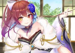 Rule 34 | 1girl, bare shoulders, blush, bow, breasts, closed mouth, detached collar, flower, fur-trimmed kimono, fur trim, hair between eyes, hair bow, hair flower, hair ornament, heterochromia, high ponytail, highres, hololive, houshou marine, japanese clothes, kanzashi, kimono, kiseru, large breasts, long hair, looking at viewer, lying, off shoulder, on side, red eyes, red hair, smile, smoking pipe, solo, tako 8 yaki, twitter username, virtual youtuber, white kimono, yellow eyes
