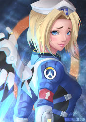 Rule 34 | 1girl, alternate costume, alternate hairstyle, armband, artist name, beret, blonde hair, blue background, blue bodysuit, blue eyes, blue wings, blush, bodysuit, breasts, combat medic ziegler, eyelashes, glowing, glowing wings, hat, highres, light particles, light rays, light smile, logo, long sleeves, looking at viewer, looking to the side, mechanical wings, medium breasts, mercy (overwatch), nekomitch, nose, overwatch, overwatch 1, patch, pink lips, short hair, signature, solo, upper body, white hat, wings