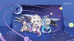 Rule 34 | 3girls, ahoge, armor, bare shoulders, black gloves, blue eyes, blue hair, bronya zaychik, bronya zaychik (herrscher of truth), chibi, chinese commentary, closed mouth, colored inner hair, constellation, crown, drill hair, gloves, grey eyes, grey hair, halo, highres, honkai (series), honkai impact 3rd, kiana kaslana, kiana kaslana (herrscher of finality), multicolored hair, multiple girls, neck flower, official art, official wallpaper, open mouth, planet, purple eyes, raiden mei, raiden mei (herrscher of origin), single drill, smile, space, spacecraft, streaked hair, white footwear, white hair