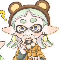 Rule 34 | 1boy, 1other, ?, blue eyes, commentary, dot nose, doughnut, earrings, eating, food, food-themed earrings, green hair, inkling, inkling boy, inkling player character, jewelry, lemo (lemo 4), lowres, medium hair, nintendo, out of frame, pointy ears, simple background, solo focus, splatoon (series), symbol-only commentary, tentacle hair, thick eyebrows, upper body, white background