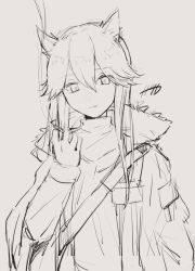 Rule 34 | 1girl, animal ear fluff, animal ears, arknights, female focus, grey background, greyscale, hair between eyes, hand up, highres, jacket, long sleeves, looking at viewer, monochrome, nanatsuka, open clothes, open jacket, parted lips, shirt, simple background, sketch, solo, texas (arknights), upper body