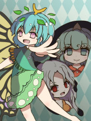 Rule 34 | 3girls, :d, antennae, aqua background, argyle, argyle background, argyle clothes, bare legs, barefoot, blue hair, bright pupils, butterfly wings, buttons, closed mouth, collared shirt, curly hair, dress, eternity larva, facing viewer, fang, flat chest, gradient background, grey hair, hair between eyes, hair ornament, highres, horns, insect wings, komano aunn, leaf hair ornament, looking at viewer, messy hair, multicolored clothes, multicolored dress, multiple girls, open mouth, outstretched arm, outstretched hand, purple eyes, red eyes, red shirt, rekishitai hoonoji, sakata nemuno, shirt, short hair, short sleeves, single horn, smile, tareme, touhou, upper body, wings