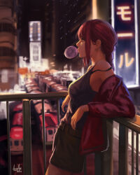 Rule 34 | 1girl, against railing, bare shoulders, black shorts, black tank top, blurry, blurry background, braid, braided ponytail, breasts, blowing bubbles, building, chainsaw man, chewing gum, city, cowboy shot, from side, highres, jacket, japanese ranguage, leaning, long hair, long sleeves, luxearte, makima (chainsaw man), medium breasts, night, night sky, off shoulder, open clothes, open jacket, orange hair, outdoors, profile, railing, red hair, red jacket, shorts, sidelocks, sign, signature, single braid, sky, skyscraper, solo, standing, strap slip, tank top, train, yellow eyes