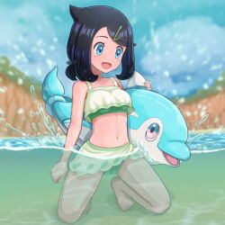 Rule 34 | 1girl, :d, aqua eyes, barefoot, bikini, black hair, blurry, blurry background, blush, cameltoe, collarbone, commentary request, cowlick, creatures (company), day, eyelashes, finizen, game freak, green bikini, hair ornament, hairclip, hand up, happy, liko (pokemon), longa (elonga), looking down, navel, nintendo, open mouth, outdoors, partially underwater shot, pokemon, pokemon (anime), pokemon (creature), pokemon horizons, smile, swimsuit, toes, underwater, water