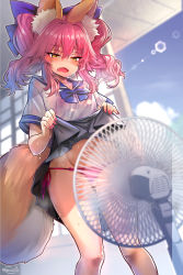 Rule 34 | 1girl, absurdres, aged down, animal ear fluff, animal ears, bow, bra visible through clothes, breasts, clothes lift, commentary, electric fan, fanning crotch, fate/extra, fate (series), fox ears, fox girl, fox tail, hair between eyes, hair bow, highres, lifting own clothes, long hair, medium breasts, open mouth, pink hair, sidelocks, skirt, skirt lift, solo, tail, tamamo (fate), tamamo no mae (fate/extra), tamamo no mae (jk) (fate), twintails, wisespeak, yellow eyes