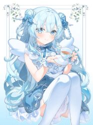 Rule 34 | 1girl, blue bow, blue dress, blue eyes, blue hair, blue skirt, blush, bow, braid, closed mouth, commission, cup, double bun, dress, feet out of frame, frills, hair between eyes, hair bow, hair bun, hair ornament, hair rings, hairclip, highres, holding, holding cup, holding saucer, indie virtual youtuber, knees up, long hair, looking at viewer, saucer, shirt, simple background, sitting, skeb commission, skirt, sleeveless, sleeveless dress, smile, solo, tea, teacup, thighhighs, usanta, very long hair, virtual youtuber, white background, white shirt, white thighhighs, wing hair ornament, wings, wrist cuffs, x hair ornament