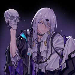 Rule 34 | 1boy, arknights, ascot, black ascot, black background, black choker, black gloves, choker, commentary request, gloves, gradient background, hand up, heqiu (heqiu728), highres, holding, holding skull, long hair, looking at viewer, male focus, pointy ears, purple background, purple eyes, purple hair, shalem (arknights), shirt, skull, smile, solo, upper body, white shirt