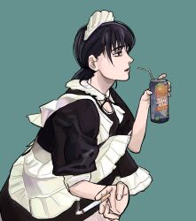 Rule 34 | 1girl, absurdres, alternate costume, apron, black dress, black hair, chainsaw man, dress, enmaided, frilled apron, frills, goldenpenhd, highres, low twintails, maid, maid apron, maid headdress, mitaka asa, smoking, solo, twintails, waist apron, white apron