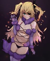 Rule 34 | 1girl, bandages, bare shoulders, black panties, blonde hair, breasts, claws, cosplay, cowboy shot, eyepatch, fate/grand order, fate (series), fischl (genshin impact), fur-trimmed gloves, fur trim, genshin impact, gloves, green eyes, hair ribbon, highres, looking at viewer, mash kyrielight, mash kyrielight (dangerous beast), mash kyrielight (dangerous beast) (cosplay), navel, official alternate costume, panties, revealing clothes, ribbon, small breasts, solo, todding, twintails, underwear