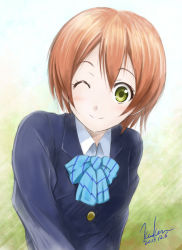 Rule 34 | 10s, 1girl, 2013, ;), artist name, blazer, blush, bow, bowtie, brown hair, dated, green eyes, highres, hoshizora rin, jacket, kem kem, looking at viewer, love live!, love live! school idol project, one eye closed, school uniform, signature, smile, solo, wink