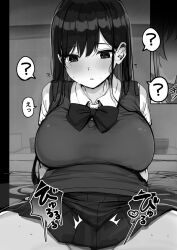Rule 34 | 1girl, ?, black hair, blush, bow, bowtie, breasts, clothed sex, collared shirt, commentary request, dress shirt, girl on top, greyscale, implied ejaculation, implied sex, large breasts, long hair, looking down, monochrome, original, rouka (akatyann), school uniform, shirt, skirt, solo, spoken question mark, straight hair, sweat, sweatdrop, sweater vest, white shirt