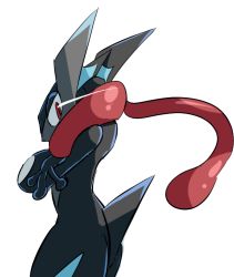 Rule 34 | alternate color, crossed arms, from behind, gen 6 pokemon, greninja, kanikou7, looking at viewer, looking back, no humans, pokemon, pokemon (creature), red eyes, shiny pokemon, simple background, solo, tongue, tongue out, white background