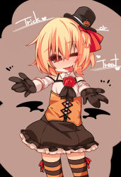 Rule 34 | 1girl, bare shoulders, black gloves, blonde hair, corset, detached sleeves, gloves, hair rings, halloween, halloween costume, hat, jack-o&#039;-lantern, miniskirt, one eye closed, outstretched arms, red eyes, rumia, shamo (koumakantv), shirt, skirt, smile, solo, striped clothes, striped thighhighs, thighhighs, tongue, tongue out, top hat, touhou, trick or treat, zettai ryouiki