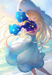 Rule 34 | 1girl, :d, blonde hair, blunt bangs, braid, cloud, commentary request, cosmog, creatures (company), day, dress, game freak, gen 7 pokemon, hat, highres, holding, holding pokemon, legendary pokemon, lillie (pokemon), long hair, naoki eguchi, nintendo, open mouth, outdoors, pokemon, pokemon (creature), pokemon sm, see-through, shore, sky, sleeveless, sleeveless dress, smile, standing, sun hat, sundress, teeth, tongue, upper teeth only, water, white dress, white headwear
