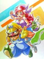 Rule 34 | 1boy, 1girl, anei, bandages, bandana, blush, breasts, captain syrup, carrying, cleavage, coin, earrings, eyeliner, facial hair, hat, injury, jewelry, makeup, mario (series), marker (medium), muscular, mustache, necklace, nintendo, nose, overalls, pants, piggyback, red hair, red nose, tank top, torn clothes, torn pants, traditional media, tsundere, wario, wario land, wario land: shake it!