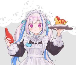 Rule 34 | 1girl, alternate costume, animal-themed food, apron, black shirt, blue hair, blush stickers, bottle, brooch, closed mouth, collared shirt, enmaided, frilled apron, frills, grey background, highres, holding, holding bottle, holding tray, jewelry, ketchup bottle, lize helesta, long bangs, long hair, long sleeves, looking at viewer, maid, maid headdress, mrokr, multicolored hair, name tag, neck ribbon, nijisanji, pink hair, purple eyes, ribbon, shirt, sidelocks, simple background, smile, solo, straight-on, streaked hair, tray, twintails, two-tone background, two-tone hair, upper body, virtual youtuber, white apron, white background, white ribbon