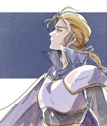 Rule 34 | 1boy, armor, black jacket, blonde hair, breastplate, cape, closed mouth, earrings, edgar roni figaro, facing to the side, final fantasy, final fantasy vi, grey background, grey cape, hair ribbon, highres, jacket, jewelry, letterboxed, long hair, low ponytail, male focus, motsutei, popped collar, profile, ribbon, shoulder armor, solo, upper body, wavy hair