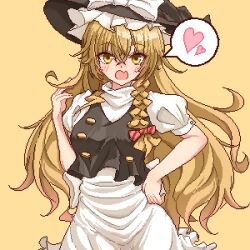 Rule 34 | 1girl, black hat, black vest, blonde hair, blush, breasts, commentary request, crossed bangs, eaglov, frilled hat, frills, hair between eyes, hand on own hip, hat, heart, highres, kirisame marisa, long hair, looking at viewer, medium breasts, open mouth, pixel art, short sleeves, simple background, solo, spoken heart, touhou, variant set, vest, yellow background