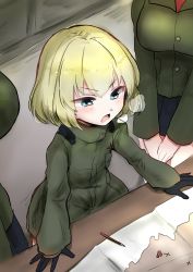 Rule 34 | 3girls, absurdres, arm support, black gloves, black skirt, blonde hair, blue eyes, breath, commentary, emilio (tetsukazu no ao), frown, girls und panzer, gloves, green jacket, green jumpsuit, highres, insignia, jacket, jumpsuit, katyusha (girls und panzer), leaning forward, long sleeves, map, miniskirt, multiple girls, one-hour drawing challenge, open mouth, out of frame, pencil skirt, pleated skirt, pravda school uniform, red shirt, school uniform, shirt, short hair, short jumpsuit, skirt, v-shaped eyebrows, v arms