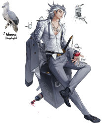 Rule 34 | 1boy, absurdres, belt, bird, black footwear, bottle, breast pocket, button gap, collared shirt, cup, drinking glass, eagle, full body, grey hair, grey jacket, grey pants, highres, jacket, jewelry, male focus, medium hair, necklace, necktie, one eye closed, original, pants, parted lips, partially unbuttoned, pectoral cleavage, pectorals, personification, pocket, print shirt, rinotuna, shirt, shoes, simple background, sitting, solo, undone necktie, white background, white shirt, wine bottle, wine glass