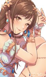 Rule 34 | 1girl, arm guards, bare shoulders, blue dress, blue nails, blush, bracer, braid, breasts, brown eyes, brown hair, chagi chage, closed mouth, collar, collarbone, dress, earrings, flower, hair flower, hair ornament, highres, hugging own legs, idolmaster, idolmaster cinderella girls, idolmaster cinderella girls starlight stage, jewelry, long hair, looking at viewer, medium breasts, metal collar, nitta minami, scrunchie, simple background, sleeveless, sleeveless dress, smile, solo, thigh strap, twitter username, white background