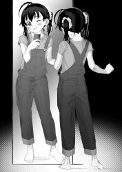 Rule 34 | 1girl, absurdres, ahoge, barefoot, blush, cellphone, commentary request, facing away, from behind, full-length mirror, full body, greyscale, grin, hand up, head tilt, highres, holding, holding phone, kuraue hinata, looking at mirror, medium hair, mirror, monochrome, one eye closed, overalls, phone, piezo, reflection, selfie, shirt, short sleeves, smartphone, smile, solo, t-shirt, taking picture, twintails, yama no susume