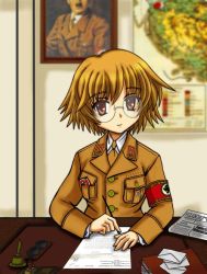 Rule 34 | 1girl, blonde hair, brown jacket, buttons, closed mouth, collared shirt, commentary request, envelope, glasses, holding, holding pen, indoors, jacket, kugi miyachuu, long sleeves, looking at viewer, map, md5 mismatch, military, military jacket, military uniform, nazi, necktie, newspaper, paper, pen, portrait (object), shirt, short hair, smile, solo, to heart (series), to heart 2, uniform, upper body, white shirt, writing, yamada michiru