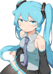 Rule 34 | 1girl, abmayo, absurdres, arm support, bare shoulders, black skirt, black thighhighs, blush, breasts, closed mouth, collarbone, collared shirt, detached sleeves, frown, grey shirt, hair ornament, hatsune miku, highres, long hair, long sleeves, looking at viewer, medium breasts, necktie, pleated skirt, shirt, shoulder tattoo, simple background, sitting, skirt, solo, tattoo, thighhighs, twintails, very long hair, vocaloid, white background, zettai ryouiki