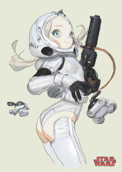 Rule 34 | 1girl, adapted costume, animification, armor, ass, bad id, bad pixiv id, black gloves, blue eyes, brown hair, copyright name, etama quomo, gloves, gun, helmet, leotard, long hair, revealing clothes, rifle, science fiction, simple background, smile, solo, star wars, stormtrooper, thighhighs, weapon
