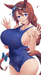Rule 34 | 1girl, :d, absurdres, animal ears, bare arms, blue one-piece swimsuit, bow, braid, breasts, brown hair, cameltoe, collarbone, commentary request, covered navel, curvy, fat mons, hair bow, hair ornament, highres, horse ears, horse girl, horse tail, huge breasts, kntrs (knyrs), long hair, looking at viewer, musical note, one-piece swimsuit, open mouth, purple eyes, school swimsuit, shiny skin, sideboob, simple background, smile, solo, standing, super creek (umamusume), swimsuit, tail, taut clothes, taut swimsuit, teeth, umamusume, upper teeth only, white background