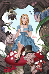 Rule 34 | 1girl, 4boys, alice (alice in wonderland), alice in wonderland, artist name, bird, black footwear, black hairband, black hat, black jacket, blonde hair, blue dress, blue eyes, bow, bowtie, brown shirt, caterpillar (alice in wonderland), chain, chain leash, cheshire cat (alice in wonderland), collar, colored sclera, cup, dress, flats, giant mushroom, grass, hairband, hat, highres, holding, holding cup, holding saucer, holding stuffed toy, in-hyuk lee, instagram logo, instagram username, jacket, leash, long hair, mad hatter (alice in wonderland), mary janes, missing tooth, multiple boys, mushroom, open clothes, open jacket, open mouth, rabbit, red bow, red bowtie, saucer, sharp teeth, shirt, shoes, short hair, short sleeves, signature, simple background, sitting, stuffed animal, stuffed rabbit, stuffed toy, teacup, teeth, top hat, tree, watermark, web address, white background, white hair, white rabbit (alice in wonderland), yellow sclera