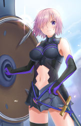 Rule 34 | 1girl, armor, armored dress, bare legs, bare shoulders, black dress, black gloves, breasts, closed mouth, clothing cutout, cowboy shot, day, dress, elbow gloves, fate/grand order, fate (series), female focus, gloves, hair over one eye, hand on own hip, holding, holding shield, holding sword, holding weapon, large breasts, legband, legs, light purple hair, looking at viewer, mash kyrielight, midriff, multicolored clothes, multicolored gloves, navel, navel cutout, purple eyes, purple gloves, serious, sheath, shield, short dress, short hair, sky, skyrail, sleeveless, sleeveless dress, sleeveless turtleneck, solo, standing, sword, turtleneck, type-moon, weapon